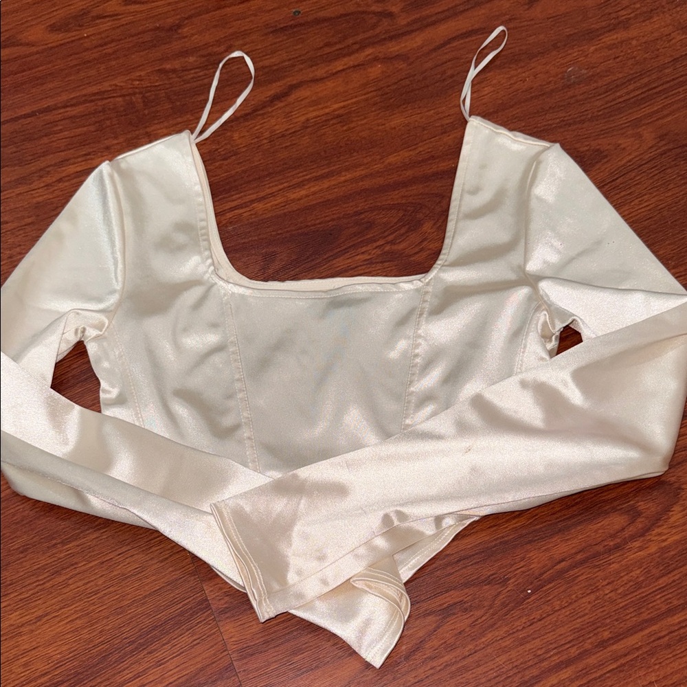 Divided Satin Long Sleeve Crop Top in Ivory